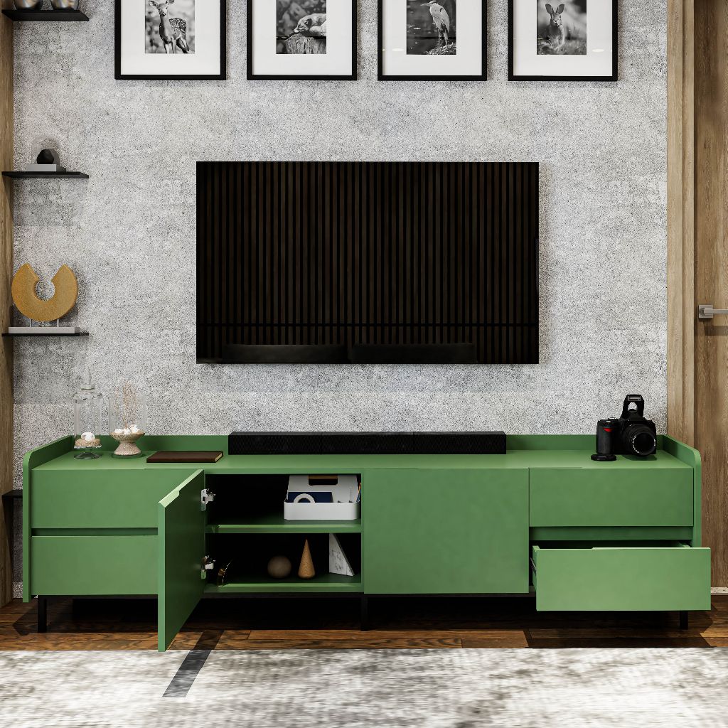 HAPPY FURNITURE , Kệ TV 2 cánh mở 4 ngăn kéo chân sắt - LAVIA , KTV_044 , 200cm x 40cm x 54cm