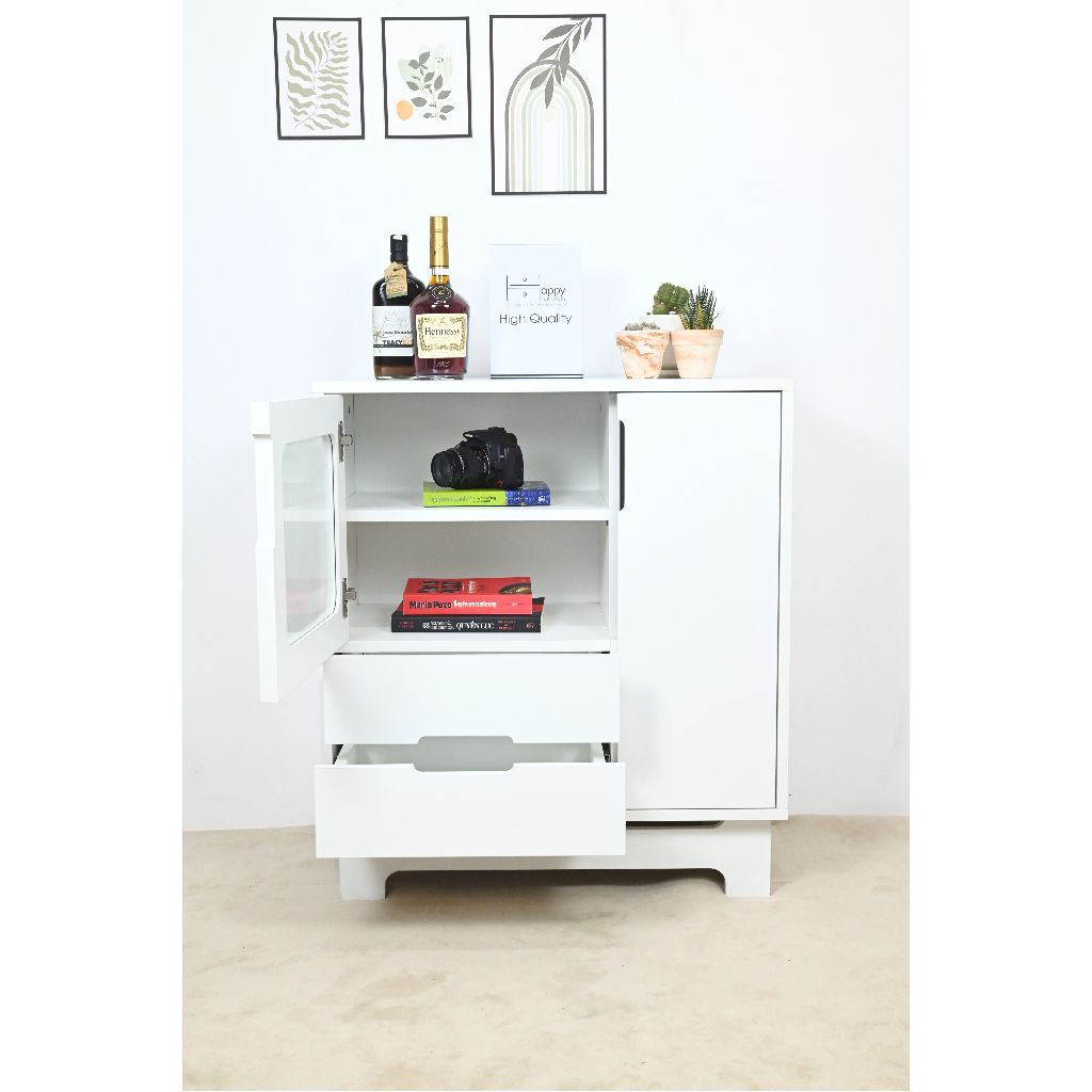 HAPPY FURNITURE , Tủ lưu trữ cửa kính 2 cánh mở 2 ngăn kéo - MOLLY , TCM_110 , 72cm x 40cm x 82cm