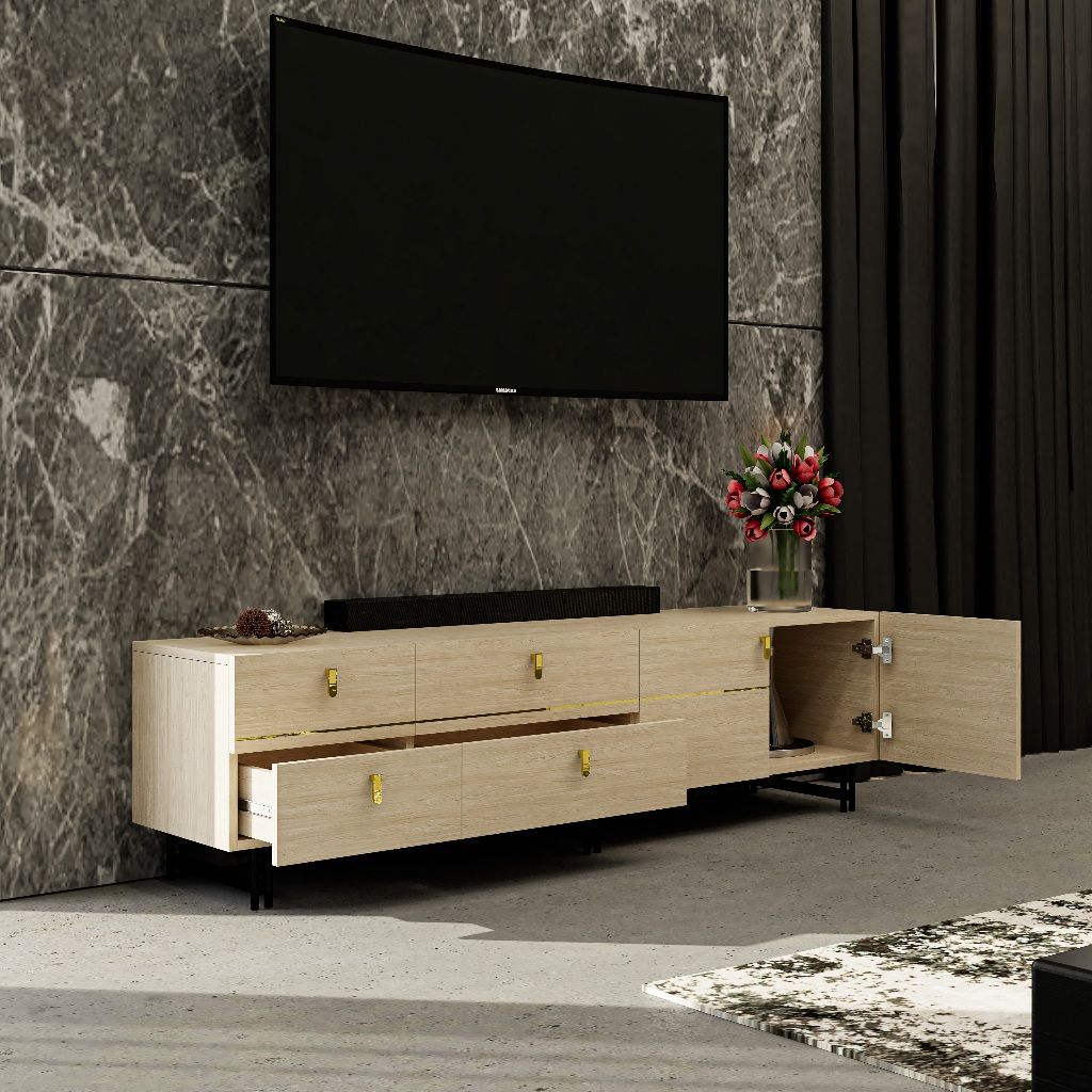 HAPPY FURNITURE , Gỗ tự nhiên , Kệ TV 4 ngăn kéo chân sắt - JOCASTA , KTV_050 , 180cm x 40cm x 48cm