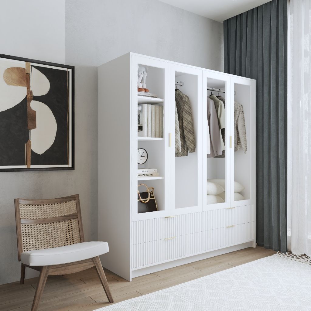 HAPPY FURNITURE , Tủ quần áo 4 cửa kính 4 ngăn kéo - NAMI, TCM_220 , 160cm x 54cm x 180cm DxRxC