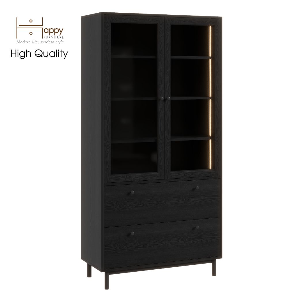 HAPPY FURNITURE , Kệ sách cửa kính 2 ngăn kéo đèn LED chân sắt - CATY , KSA_019_LED , 90cm x 39cm x 180cm