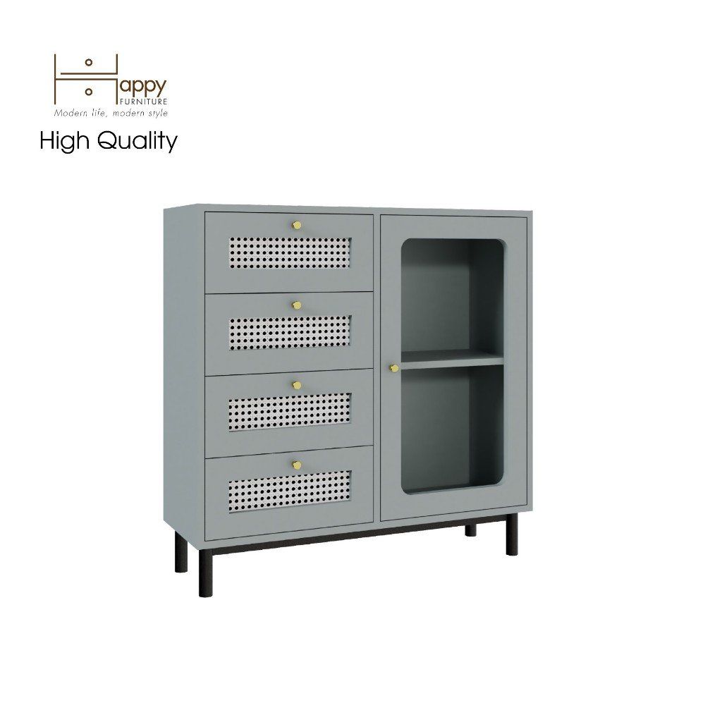 HAPPY FURNITURE , Tủ đựng đồ cửa kính 4 ngăn kéo chân sắt - ROTAN , THK_124 , 90cm x 30cm x 90cm