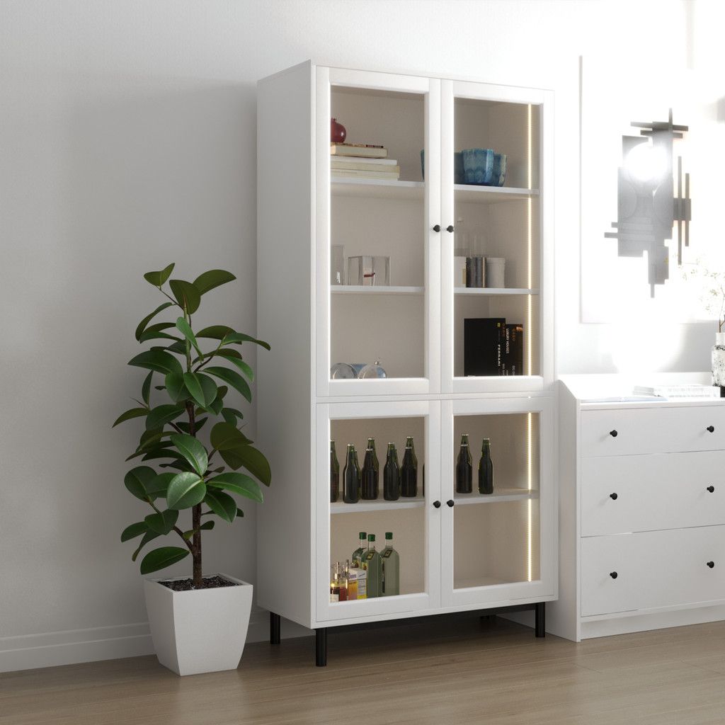 HAPPY FURNITURE , Kệ sách 5 tầng cửa kính đèn Led chân sắt - CATY , KSA_020_LED , 90cm x 39cm x 180cm