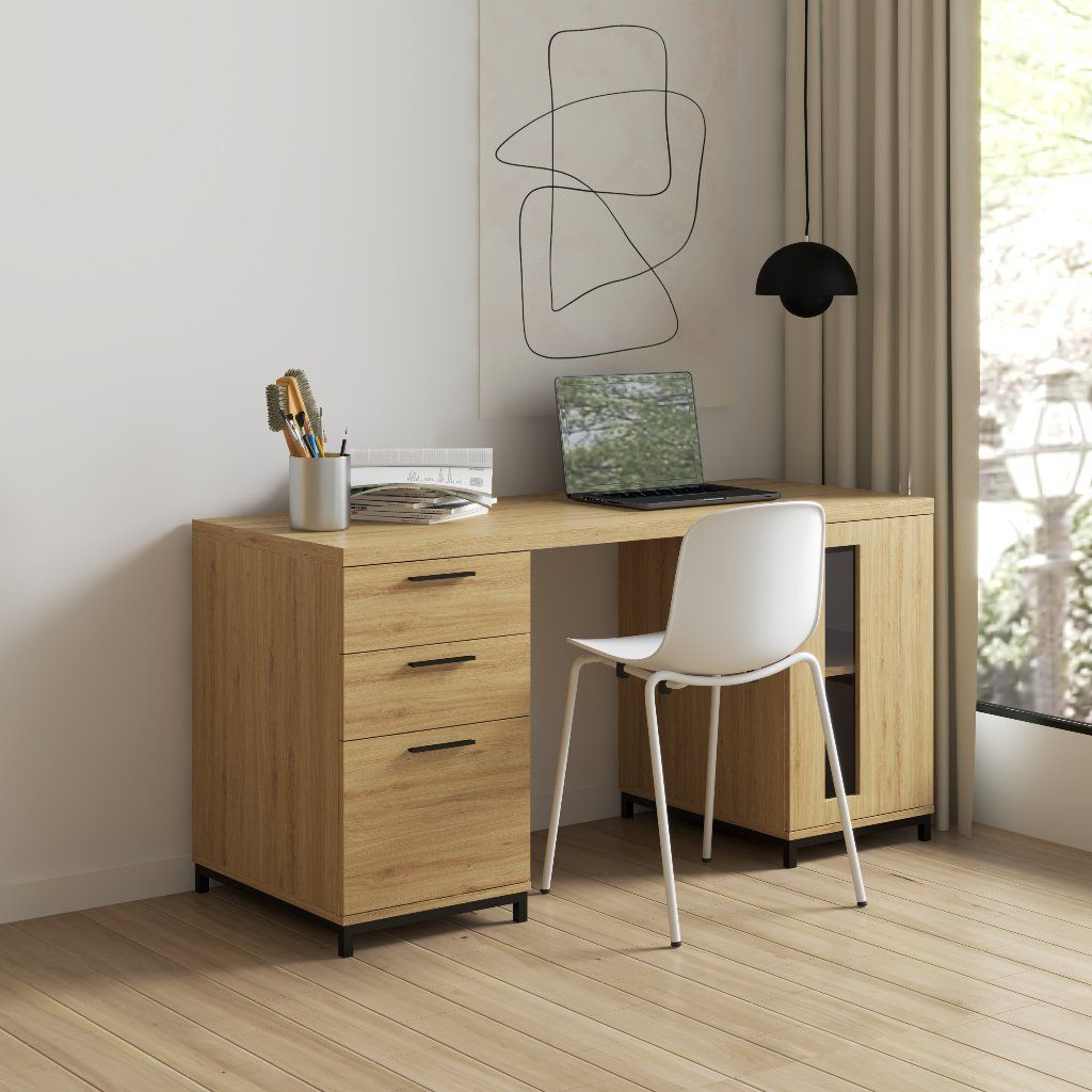 HAPPY FURNITURE , Bàn làm việc 3 ngăn kéo chân sắt - LOUIS , BAN_035 , 150cm x 60cm x 75cm