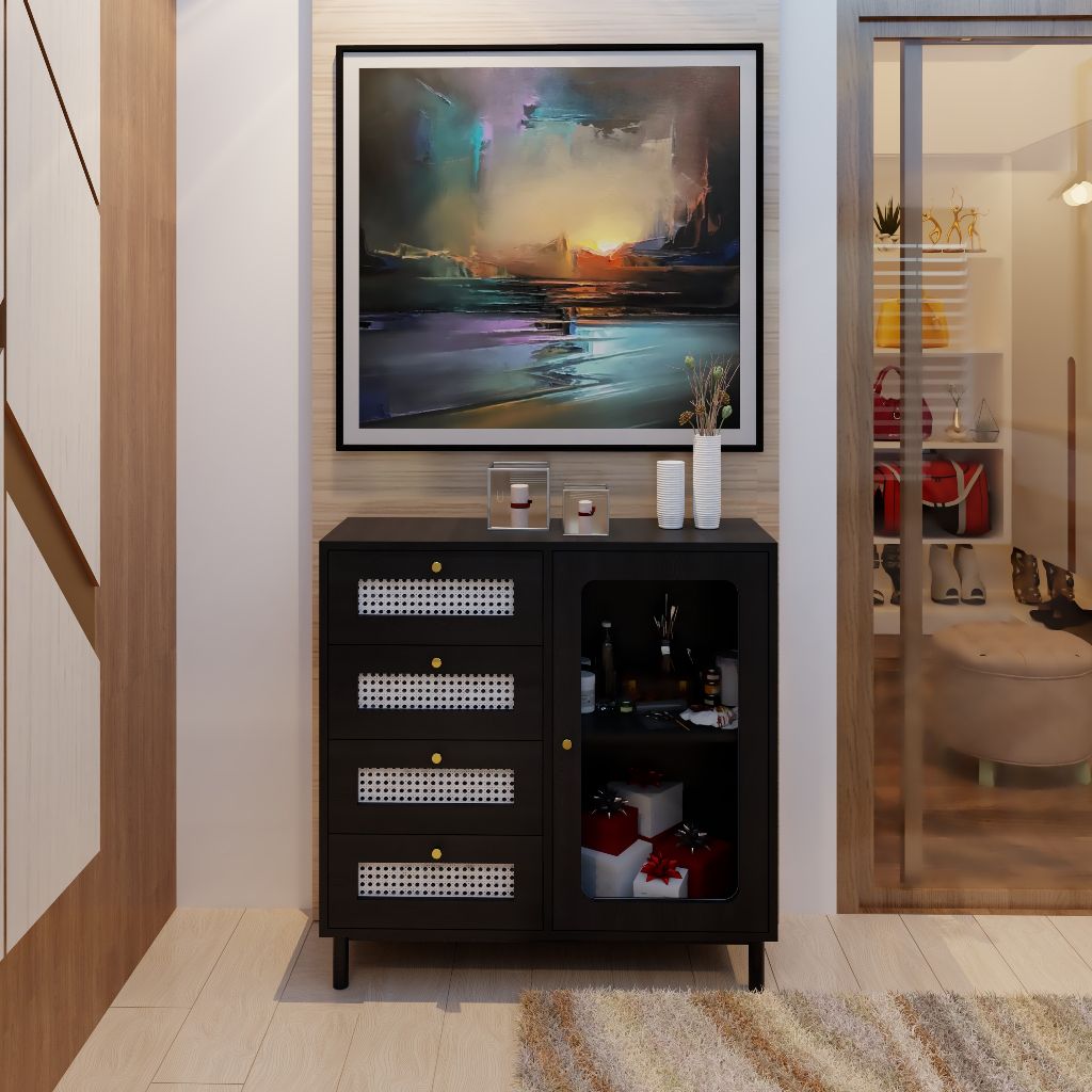 HAPPY FURNITURE , Tủ đựng đồ cửa kính 4 ngăn kéo chân sắt - ROTAN , THK_124 , 90cm x 30cm x 90cm