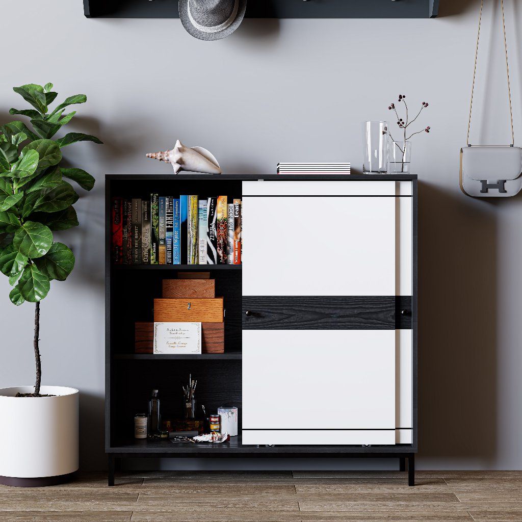 HAPPY FURNITURE , Tủ lưu trữ 2 cánh lùa chân sắt - TAKO , TCL_034 , 110cm x 30cm x 110cm