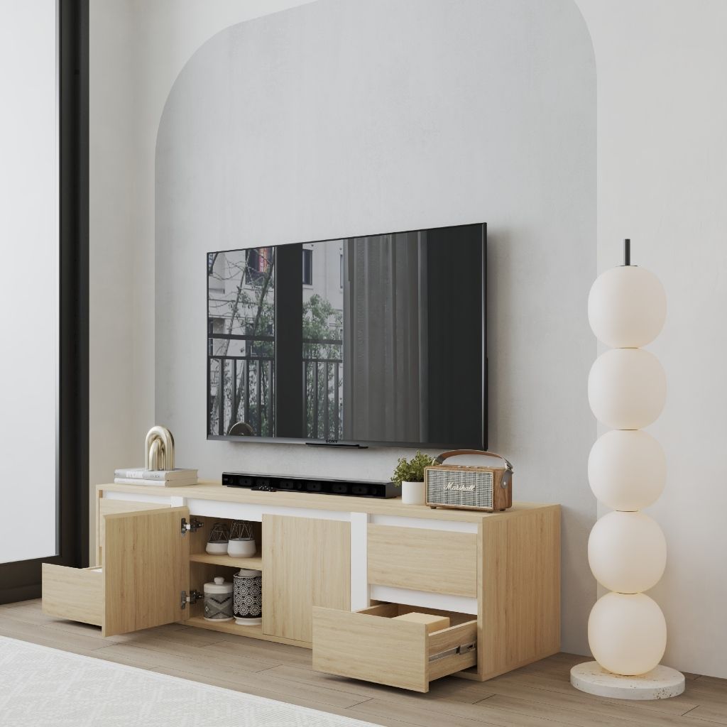 HAPPY FURNITURE , Kệ TV 2 cửa mở 4 ngăn kéo - ELIS , KTV_107 , 165cm x 45cm x 45cm DxRxC