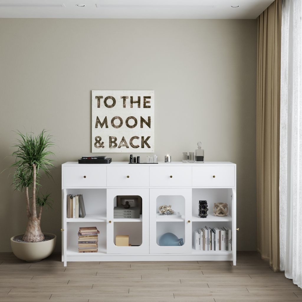 HAPPY FURNITURE , Tủ lưu trữ 4 cửa kính 4 ngăn kéo - NOAH , TCM_269 , 180cm x 40cm x 100cm DxRxC