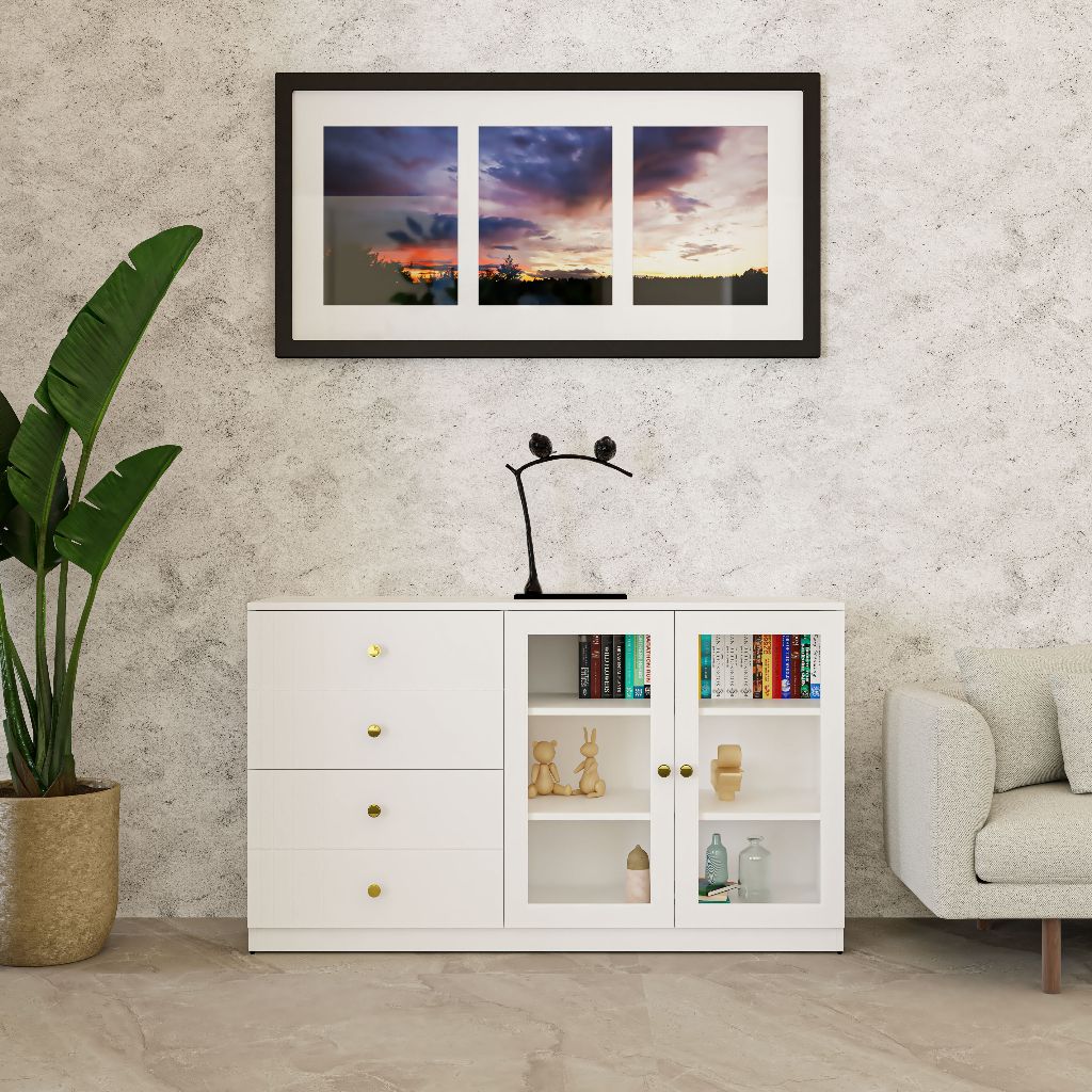HAPPY FURNITURE , Tủ lưu trữ cửa kính 4 ngăn kéo - JOVIE , TCM_163 , 140cm x40cm x 82cm