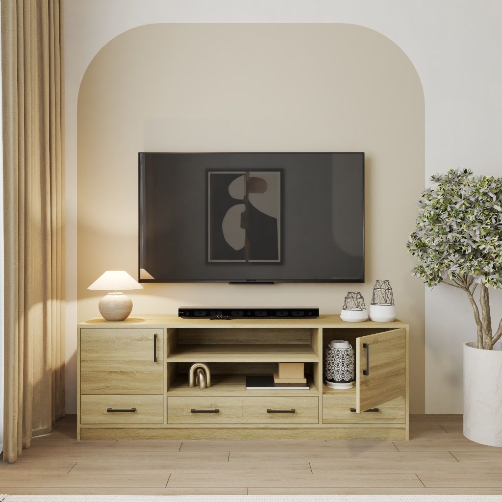 HAPPY FURNITURE , HEINEE - Kệ TV 2 cửa mở 4 ngăn kéo, KTV_070 , 160cm x 40cm x 56cm DxRxC, sản phẩm phổ thông