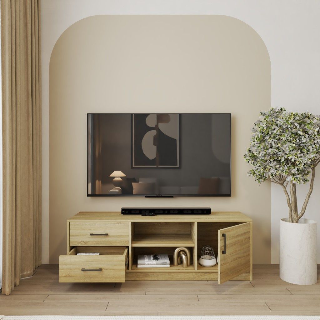 HAPPY FURNITURE , HEINEE - Kệ TV 2 ngăn kéo 1 cửa mở, KTV_068 , 140cm x 40cm x 46cm DxRxC, sản phẩm phổ thông