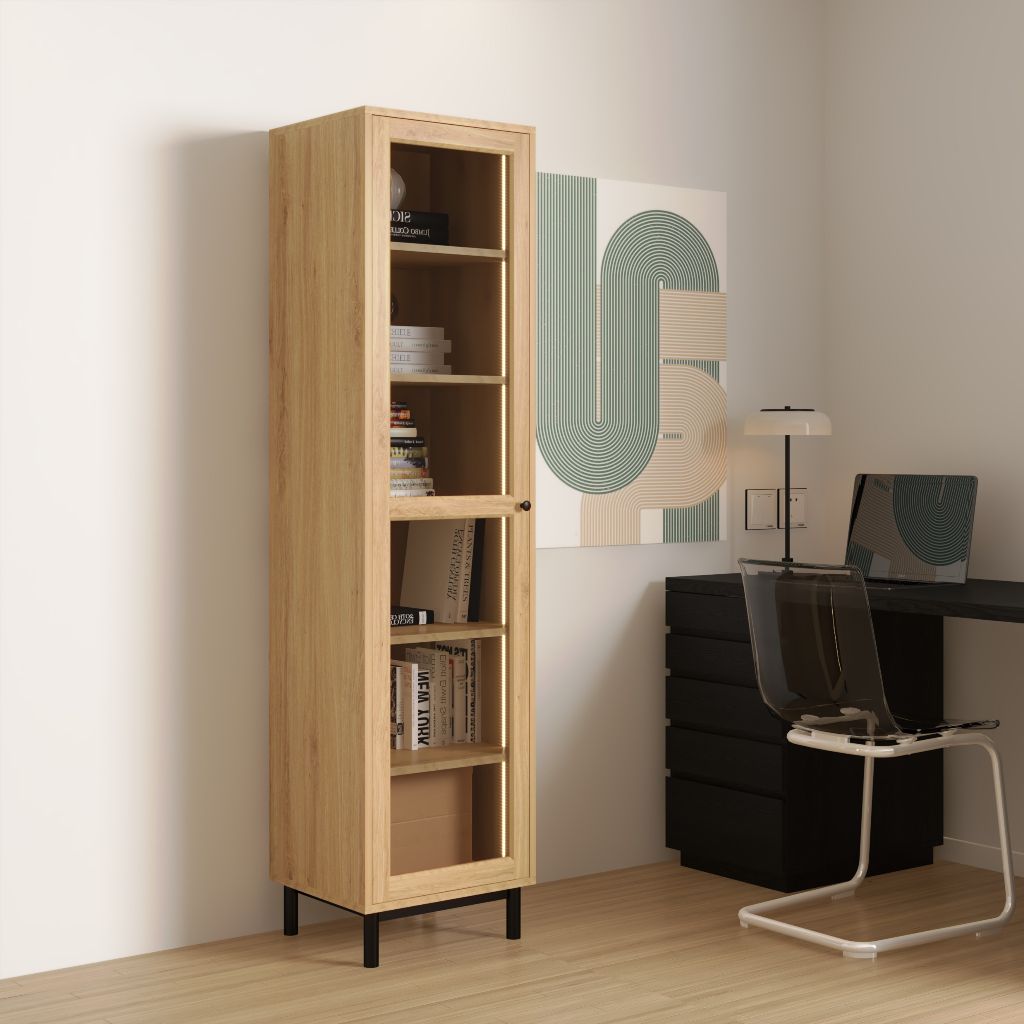 HAPPY FURNITURE , Kệ sách 6 tầng đèn Led cửa kính chân sắt - LILY , KSA_018_LED , 45cm x 40cm x 180cm