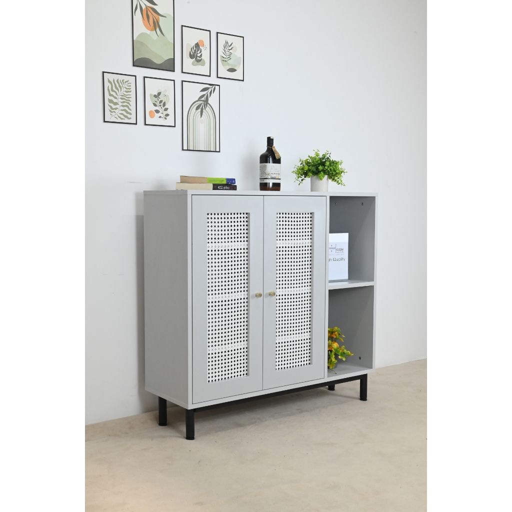 HAPPY FURNITURE , Tủ giày 2 cửa mở chân sắt - ROTAN , TCM_130 , 100cm x 34cm x 94cm