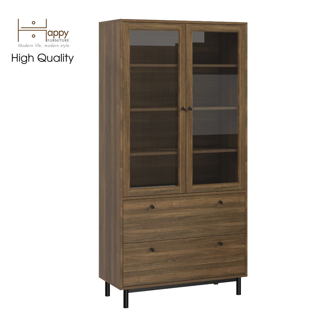 HAPPY FURNITURE , Kệ sách 6 tầng cửa kính 2 ngăn kéo chân sắt - CATY , KSA_019 , 90cm x 39cm x 180cm