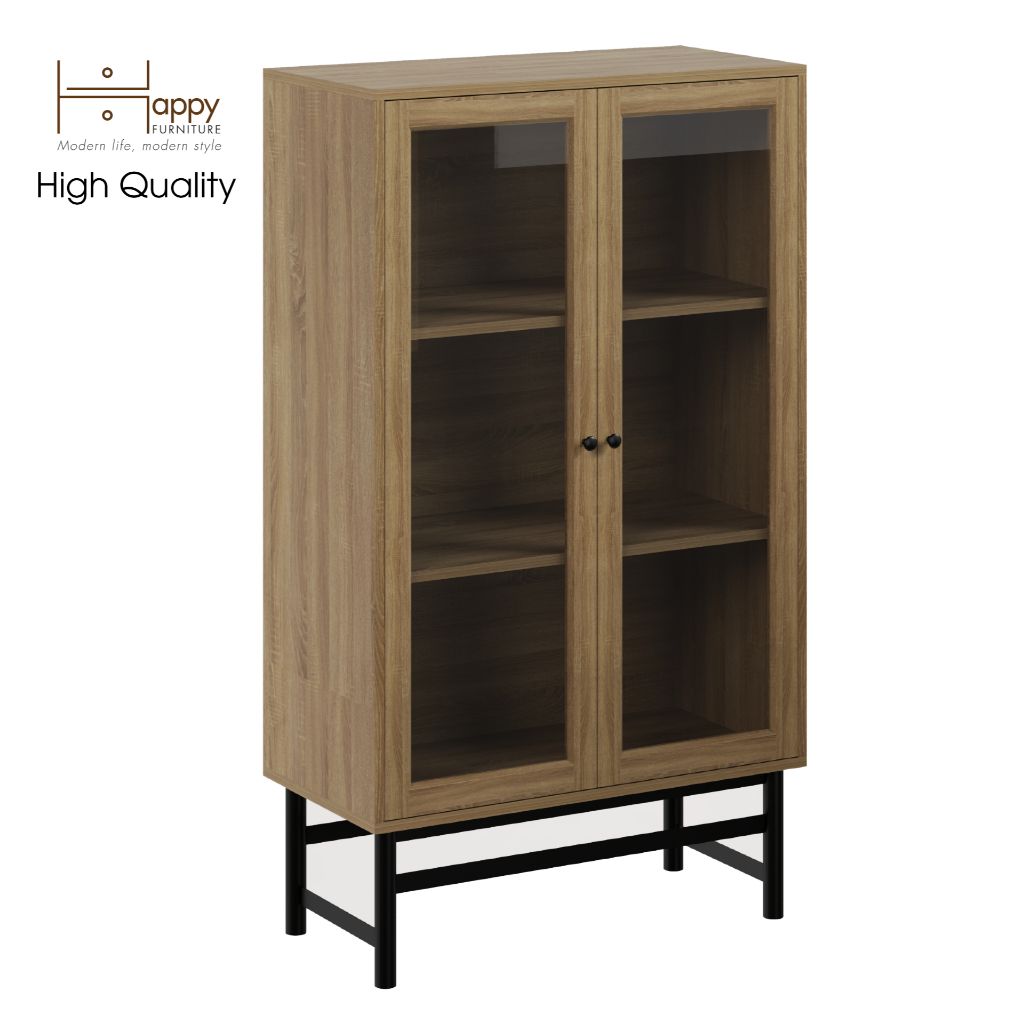HAPPY FURNITURE , Kệ sách 3 tầng cửa kính chân sắt - CATY , KSA_023 , 80cm x 39cm x 140cm