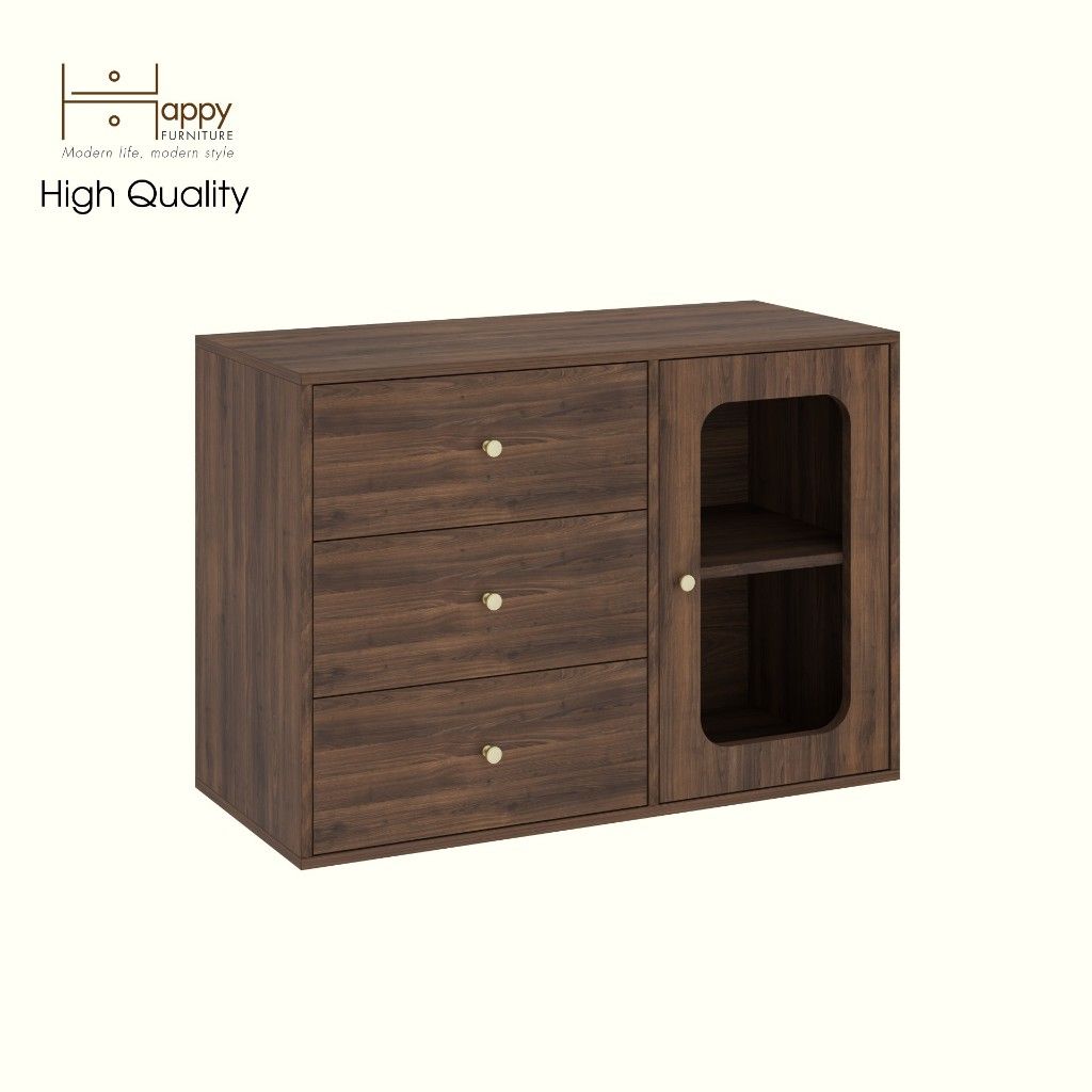 HAPPY FURNITURE , Tủ lưu trữ 1 cửa kính 3 ngăn kéo - NOAH , TLT_066 , 100cm x 45cm x 70cm DxRxC
