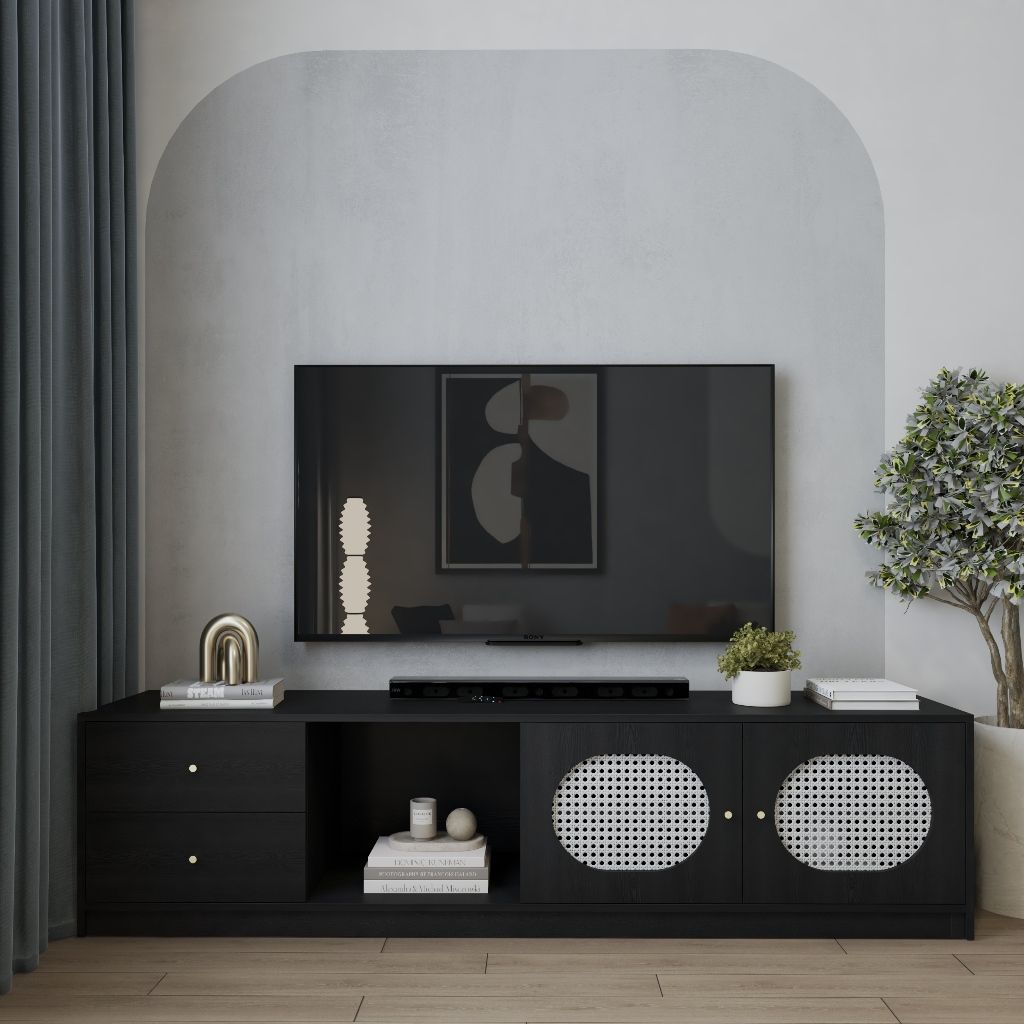 HAPPY FURNITURE , Kệ TV 2 cửa mở 2 ngăn kéo - MAY , KTV_096 , 200cm x 45cm x 50cm DxRxC