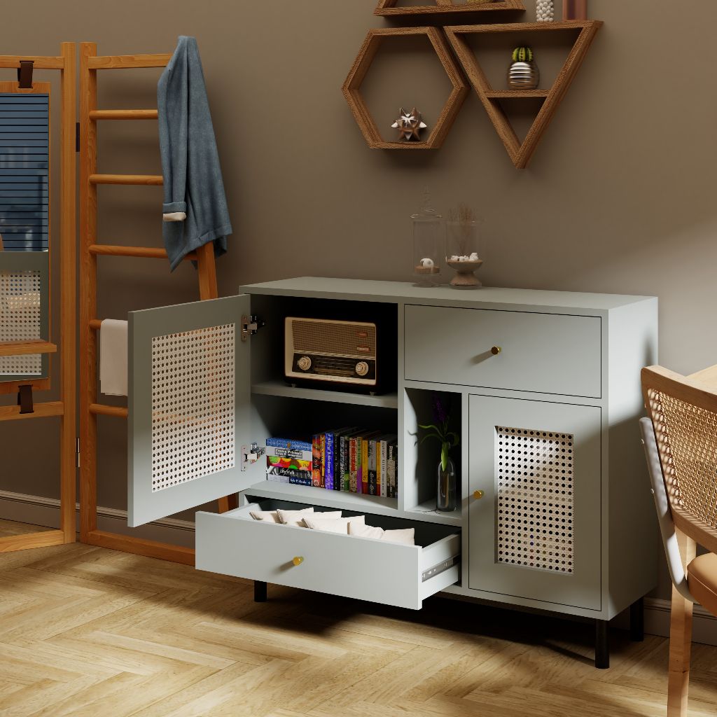 HAPPY FURNITURE , Tủ lưu trữ 2 ngăn kéo 2 cửa mở chân sắt - ROTAN , TCM_132 , 100cm x 30cm x 80cm