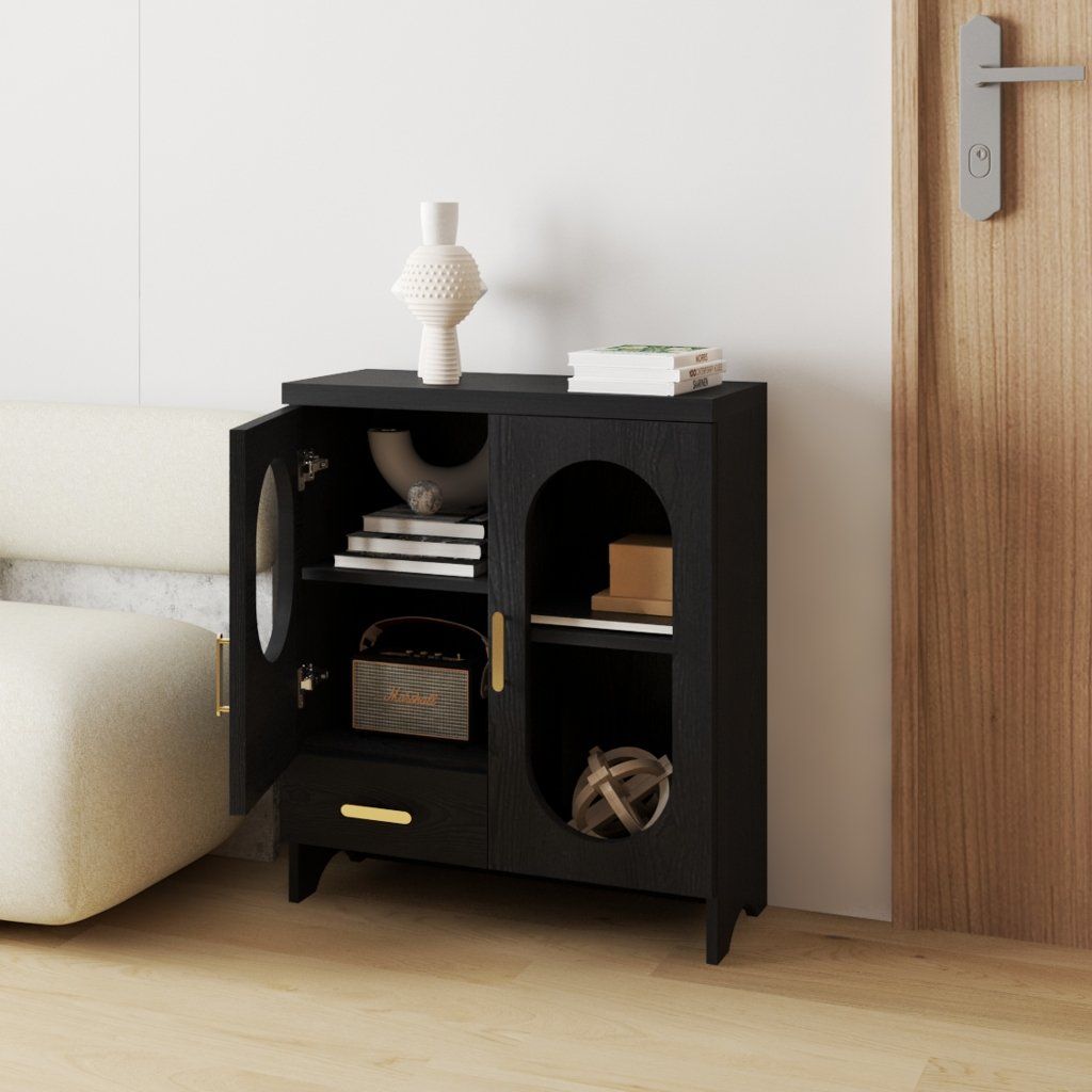 HAPPY FURNITURE , Tủ lưu trữ 2 cửa kính 1 ngăn kéo - CHEVY, TLT_046 , 70cm x 30cm x 82cm DxRxC