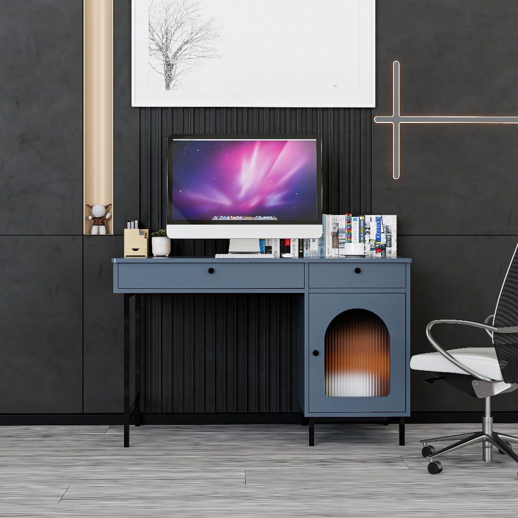 HAPPY FURNITURE , Bàn làm việc 2 ngăn kéo 1 cửa mở chân sắt - SISEEL , BAN_094 , 120cm x 59cm x 75cm