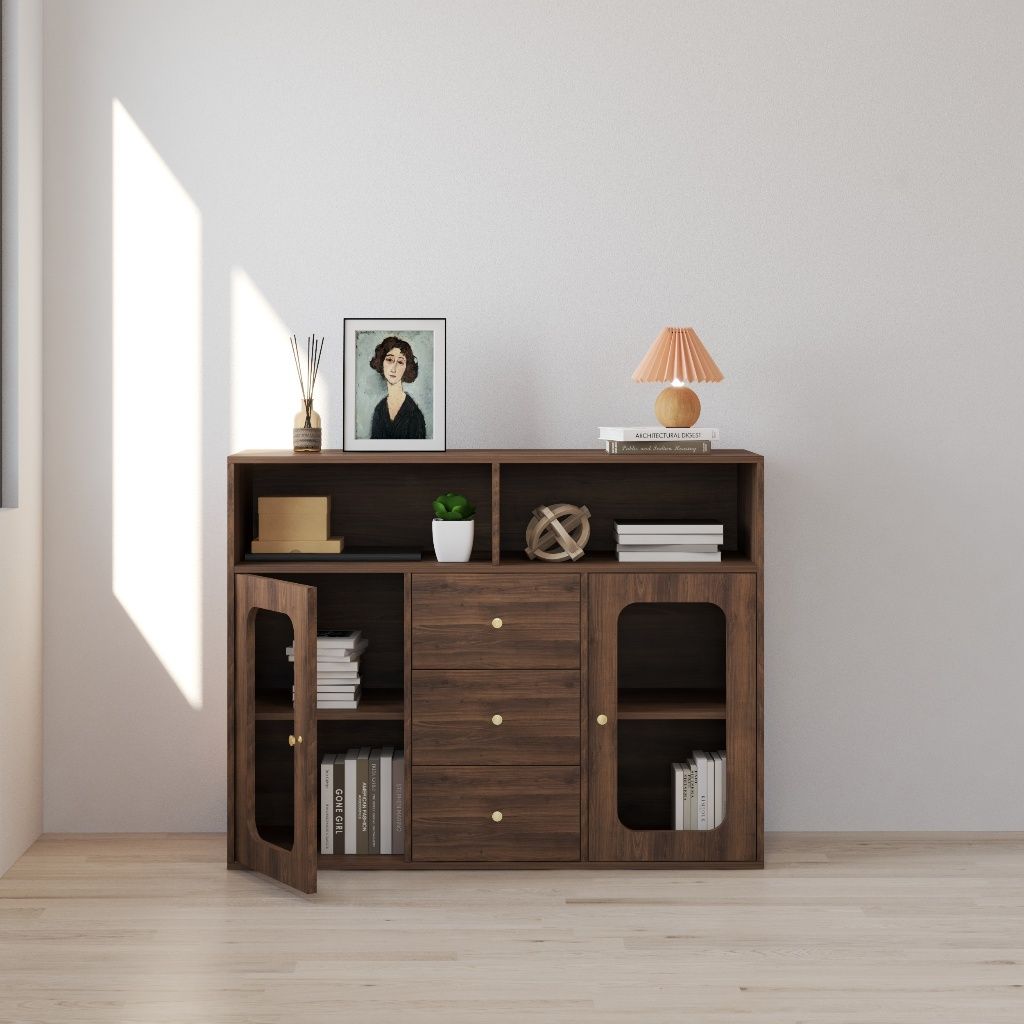 HAPPY FURNITURE , Tủ lưu trữ 2 cửa kính 3 ngăn kéo - NOAH , TLT_065 , 130cm x 45cm x 100cm DxRxC