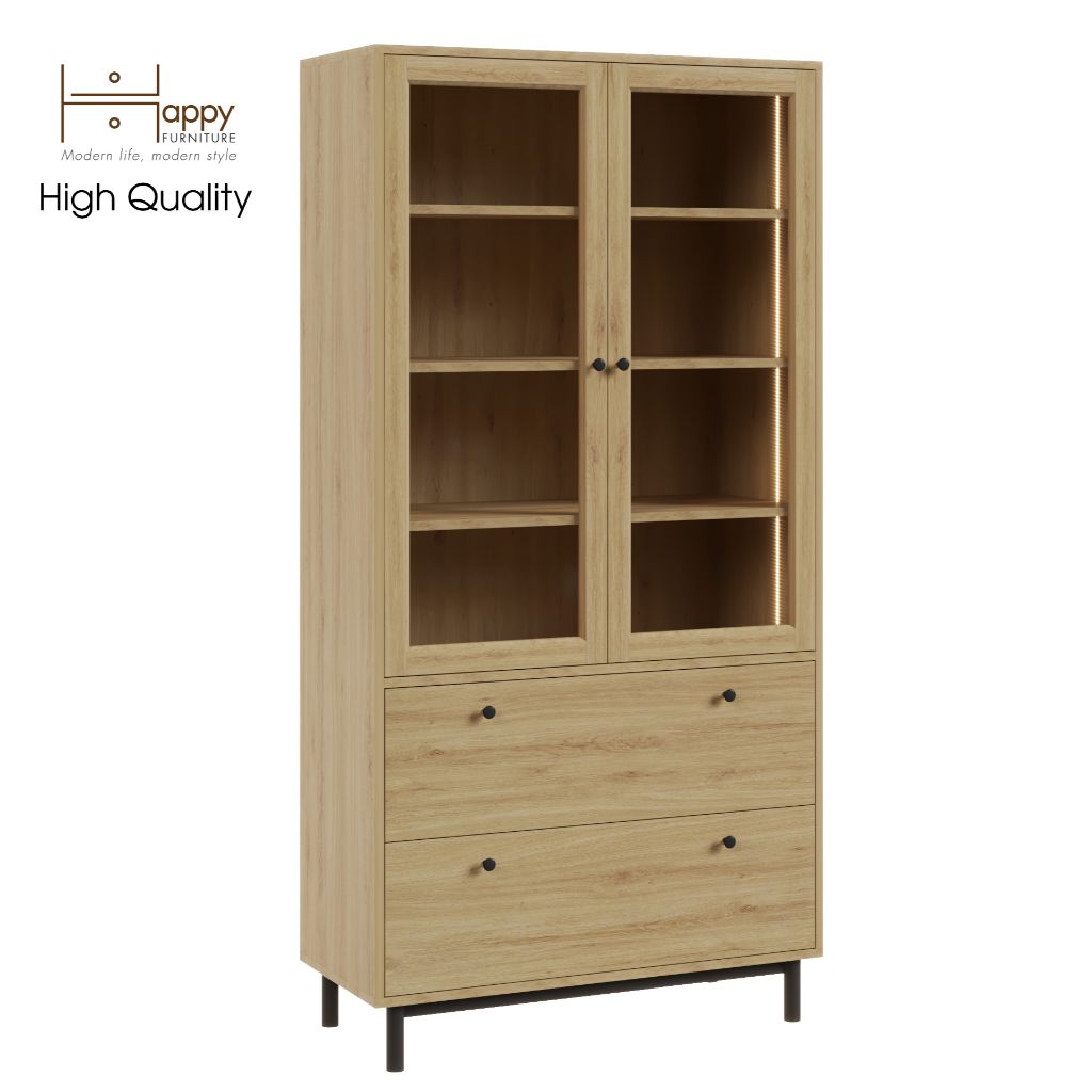HAPPY FURNITURE , Kệ sách cửa kính 2 ngăn kéo đèn LED chân sắt - CATY , KSA_019_LED , 90cm x 39cm x 180cm
