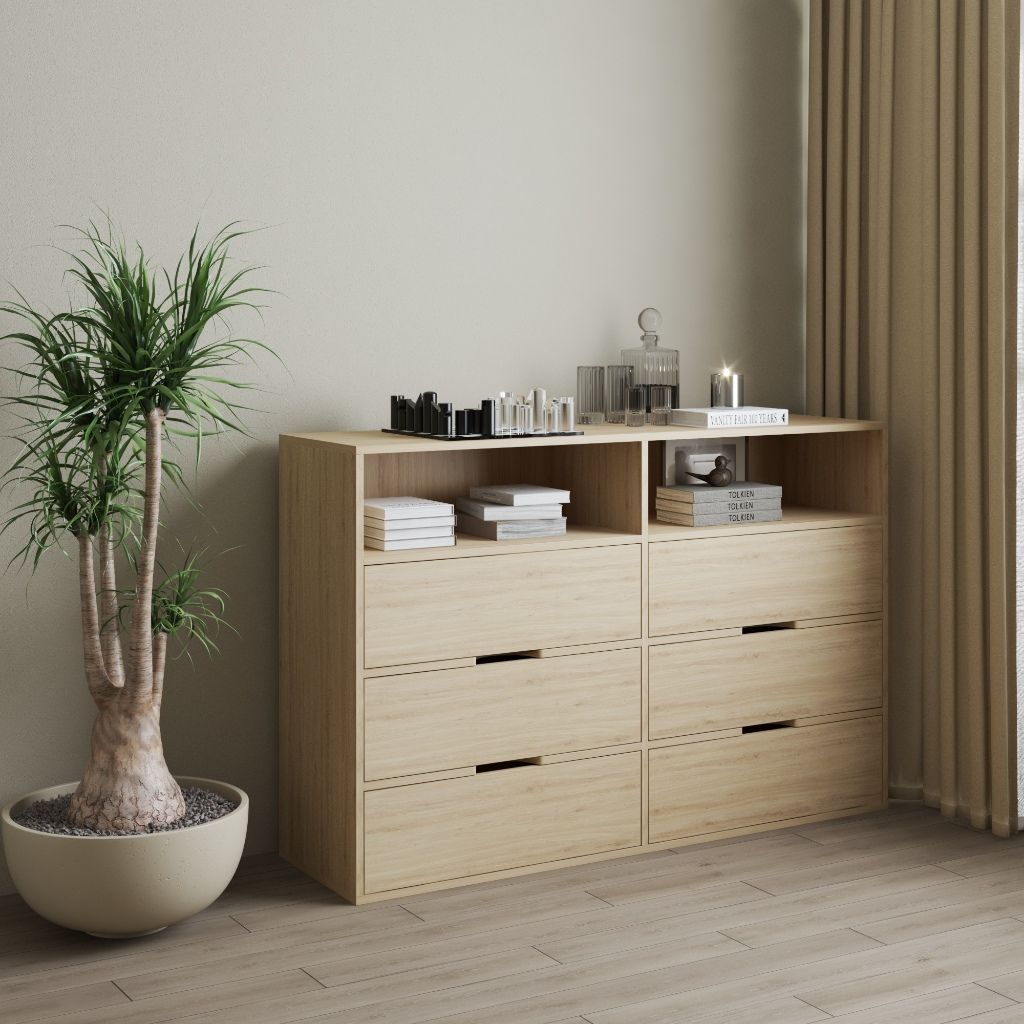 HAPPY FURNITURE , Tủ lưu trữ 6 ngăn kéo - LAYLA , THK_331 , 140cm x 40cm x 93cm DxRxC