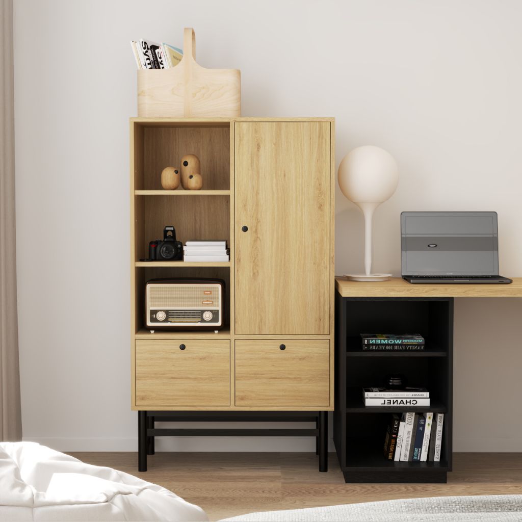 HAPPY FURNITURE , Kệ sách 2 ngăn kéo 1 cửa mở chân sắt - CATY , KSA_024 , 80cm x 39cm x 140cm