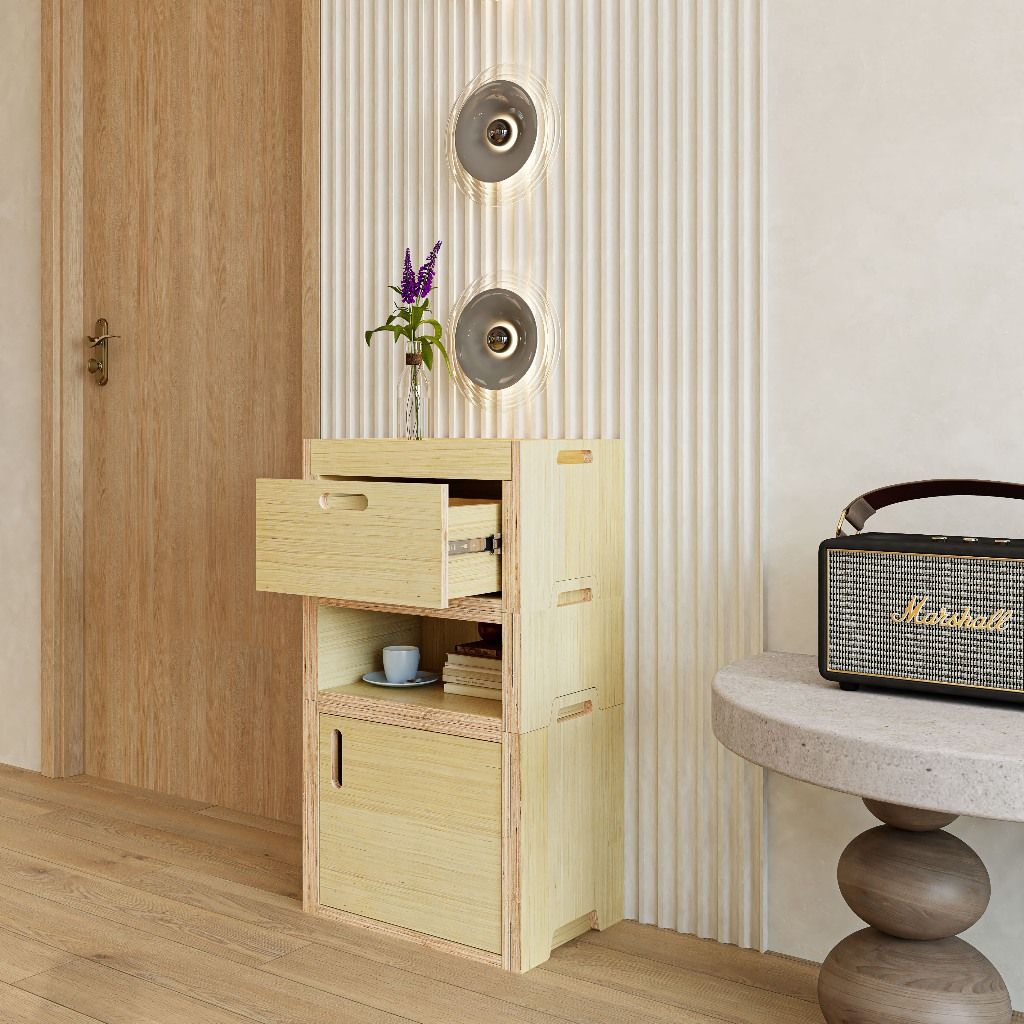 HAPPY FURNITURE , Gỗ tự nhiên , Thùng lưu trữ 1 cánh mở 1 ngăn kéo gỗ Plywood - GAMOR , TLT_030 , 45cm x 30cm x 80cm DxR