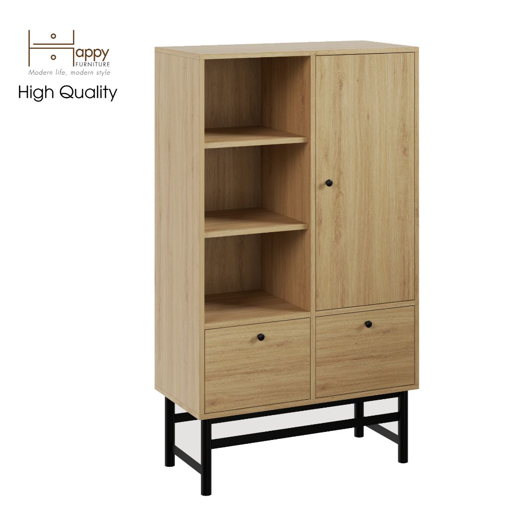 HAPPY FURNITURE , Kệ sách 2 ngăn kéo 1 cửa mở chân sắt - CATY , KSA_024 , 80cm x 39cm x 140cm