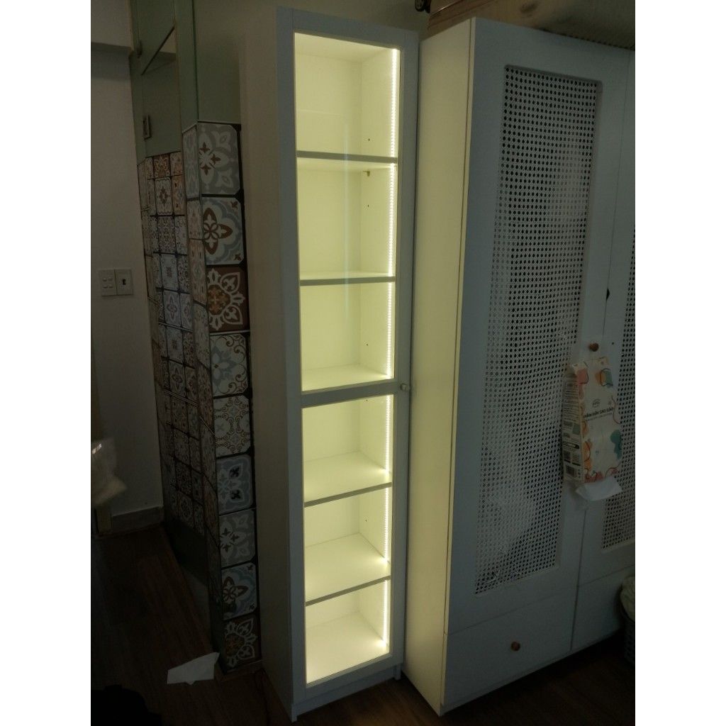 HAPPY FURNITURE , Kệ sách 6 tầng cửa kính size nhỏ tích hợp đèn Led - CATY , KSA_011_LED , 40cm x 30cm x 202cm
