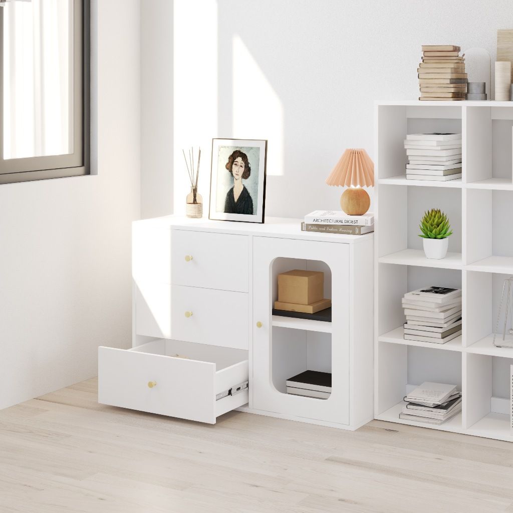HAPPY FURNITURE , Tủ lưu trữ 1 cửa kính 3 ngăn kéo - NOAH , TLT_066 , 100cm x 45cm x 70cm DxRxC