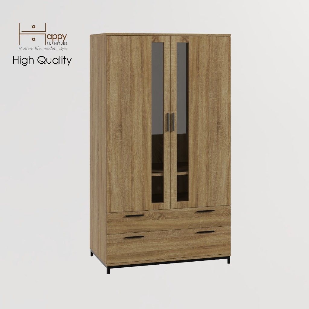 HAPPY FURNITURE , Tủ quần áo 2 ngăn kéo 2 cửa mở chân sắt - LOUIS , TCM_033 , 100cm x 58cm x 180cm