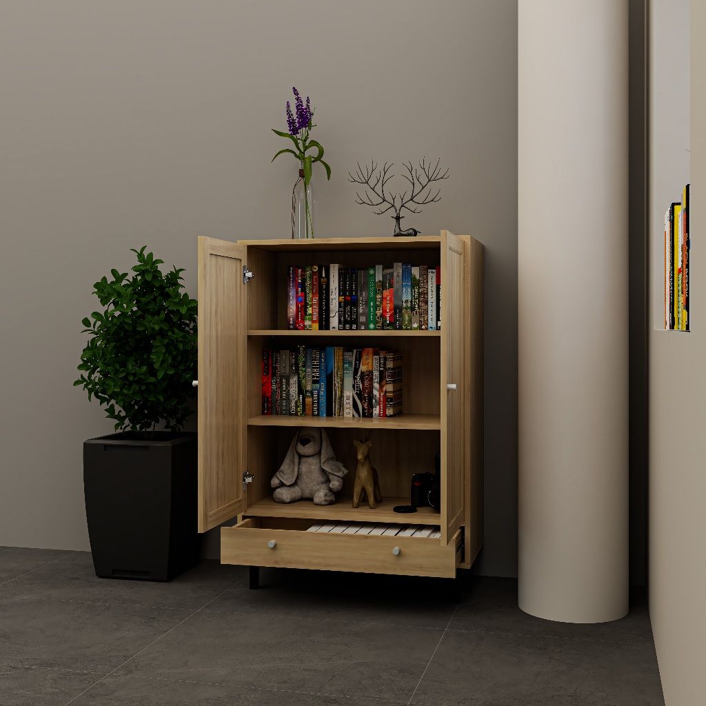 HAPPY FURNITURE , Kệ sách 3 tầng 2 cửa mở chân sắt - CATY , KSA_057, 80cm x 39cm x 120cm