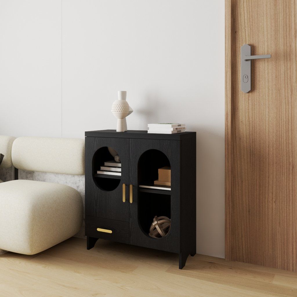 HAPPY FURNITURE , Tủ lưu trữ 2 cửa kính 1 ngăn kéo - CHEVY, TLT_046 , 70cm x 30cm x 82cm DxRxC