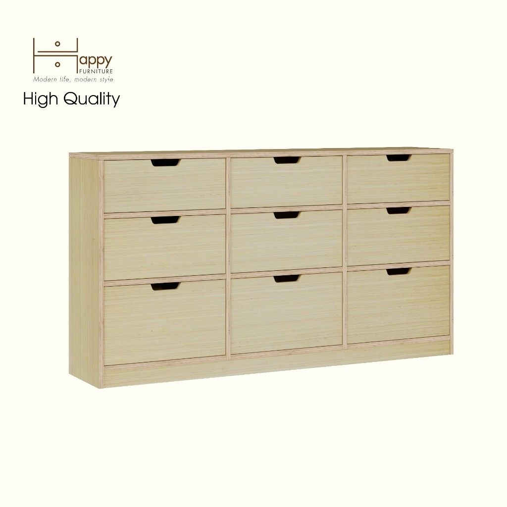 HAPPY FURNITURE , Gỗ tự nhiên , Tủ lưu trữ 9 ngăn kéo gỗ Plywood - AIDAN , THK_196 , 150cm x 32cm x 82cm DxRxC