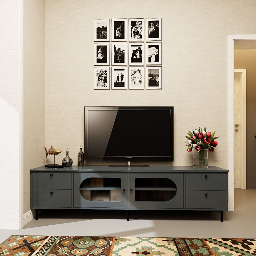 HAPPY FURNITURE , Kệ TV 2 cánh mở 4 ngăn kéo chân sắt - SISEEL , KTV_052 , 200cm x 40cm x 52cm