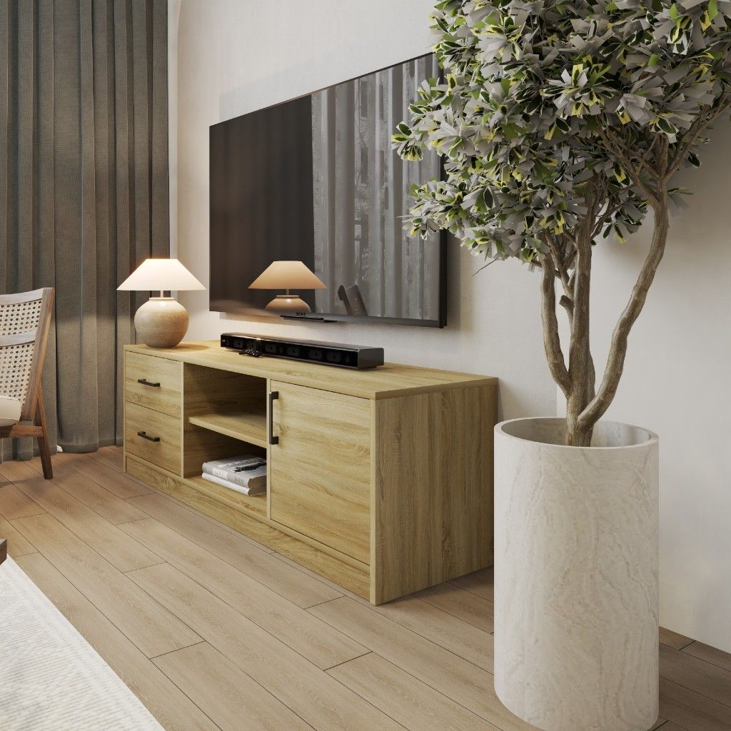 HAPPY FURNITURE , HEINEE - Kệ TV 2 ngăn kéo 1 cửa mở, KTV_068 , 140cm x 40cm x 46cm DxRxC, sản phẩm phổ thông