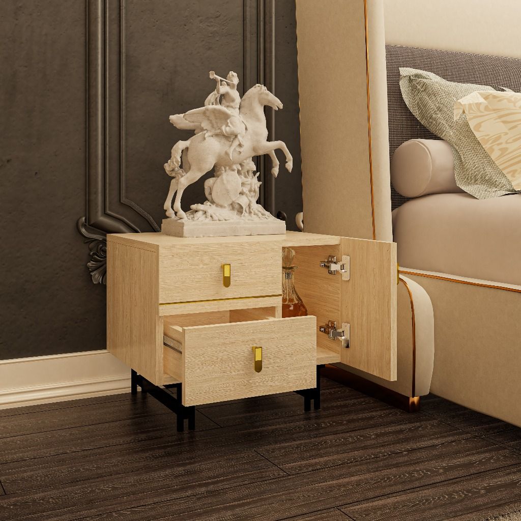 HAPPY FURNITURE , gỗ tự nhiên , Táp đầu giường 2 ngăn kéo chân sắt - JOCASTA , THK_167 , 52cm x 40cm x 44cm