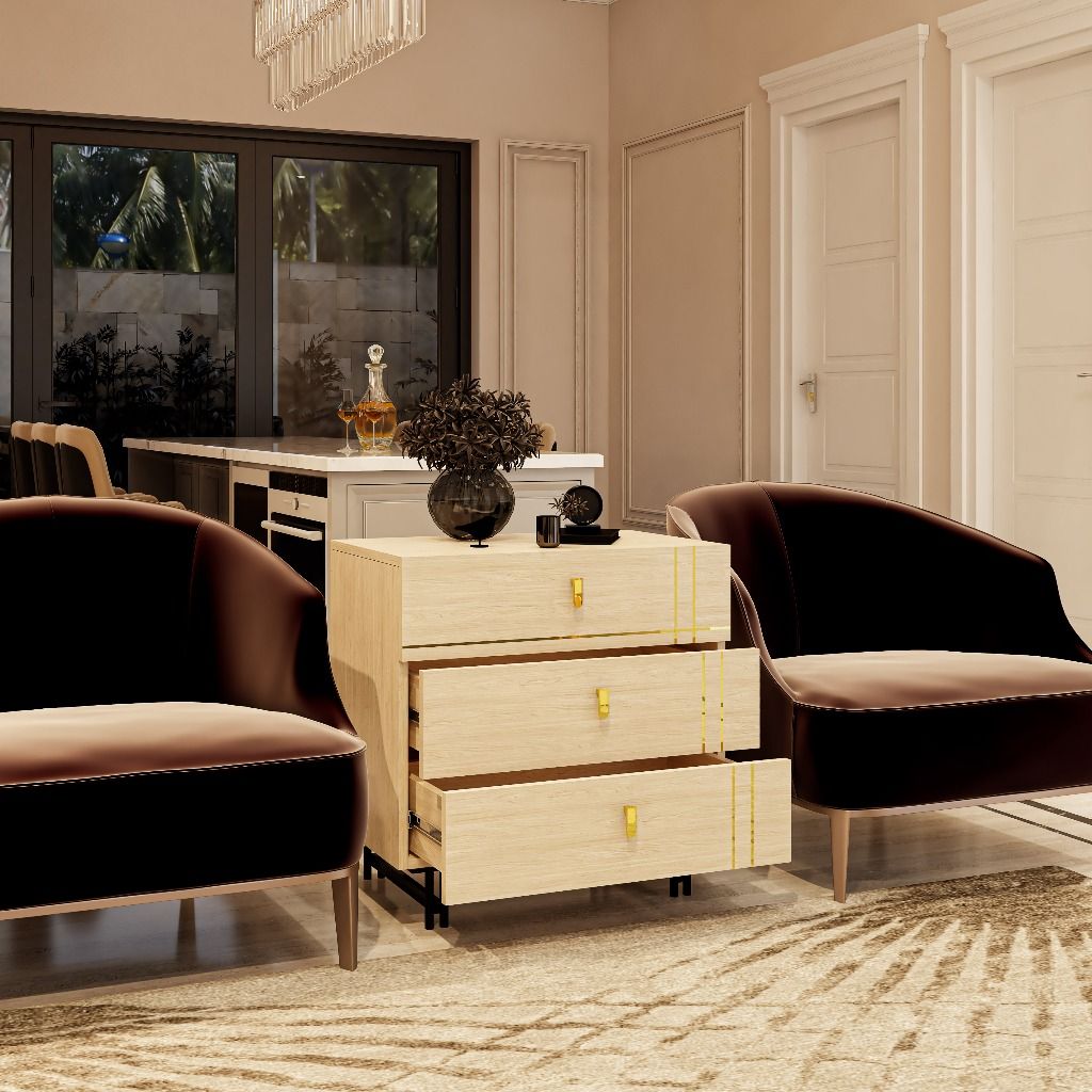 HAPPY FURNITURE , gỗ tự nhiên , Tủ lưu trữ 3 ngăn kéo Chân sắt - JOCASTA , THK_169 , 68cm x 40cm x 68cm