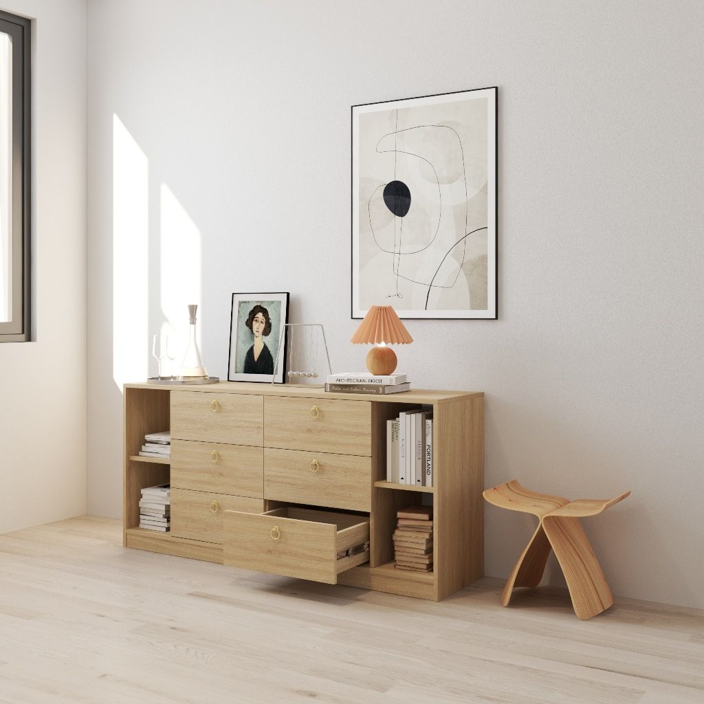 HAPPY FURNITURE , Tủ lưu trữ 6 ngăn kéo - MERI , THK_294 , 150cm x 40cm x 70cm DxRxC