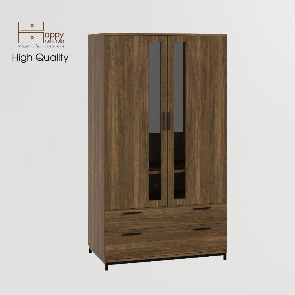 HAPPY FURNITURE , Tủ quần áo 2 ngăn kéo 2 cửa mở chân sắt - LOUIS , TCM_033 , 100cm x 58cm x 180cm
