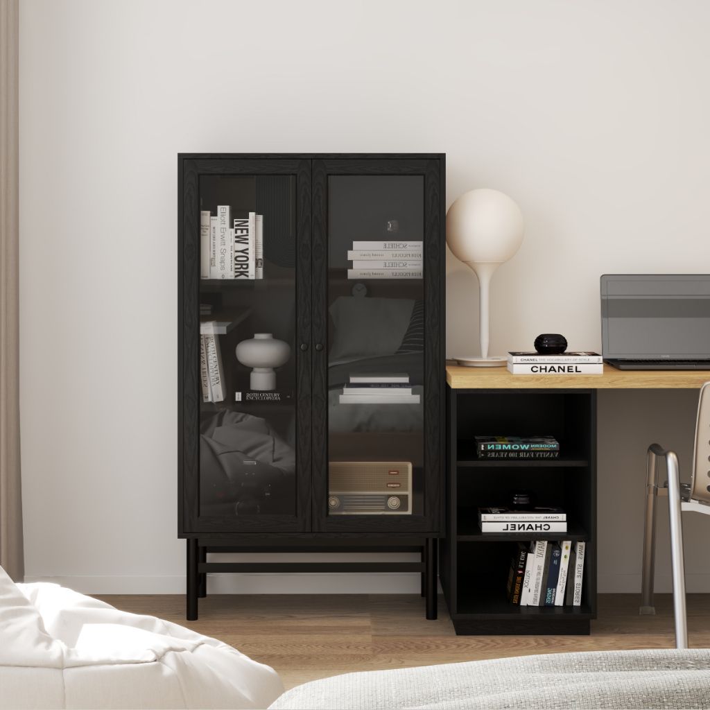 HAPPY FURNITURE , Kệ sách 3 tầng cửa kính chân sắt - CATY , KSA_023 , 80cm x 39cm x 140cm