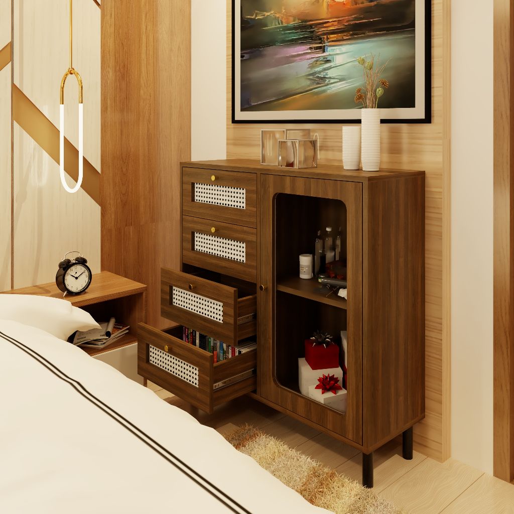 HAPPY FURNITURE , Tủ đựng đồ cửa kính 4 ngăn kéo chân sắt - ROTAN , THK_124 , 90cm x 30cm x 90cm