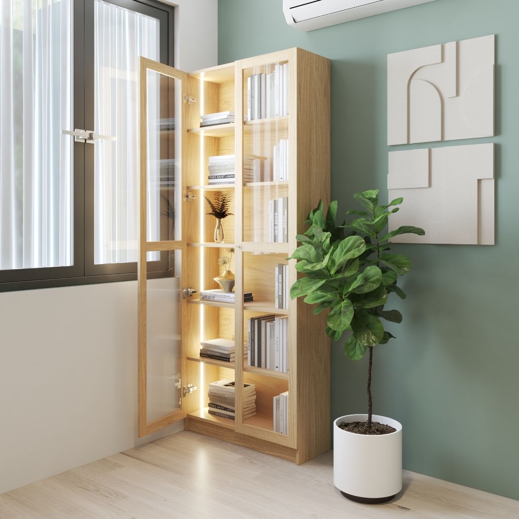 HAPPY FURNITURE , Kệ sách 6 tầng cửa kính đèn LED - CATY, KSA_074_LED , 80cm x 30cm x 202cm DxRxC