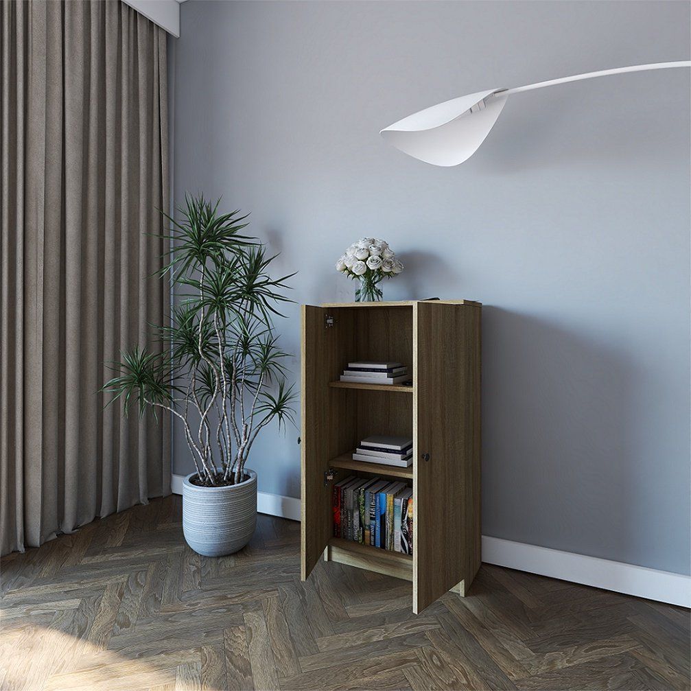 HAPPY FURNITURE , kệ sách 3 tầng 2 cửa mở - CATY , KSA_003 , 60cm x 30cm x 109cm
