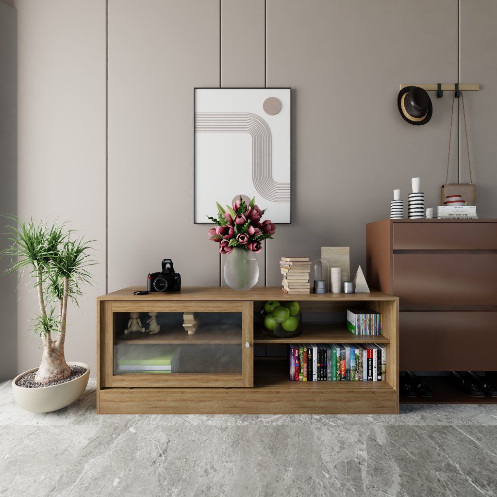 HAPPY FURNITURE , Tủ đựng đồ cửa kính 2 cánh lùa - SCANDINA , TCL_028 , 160cm x 45cm x 62cm