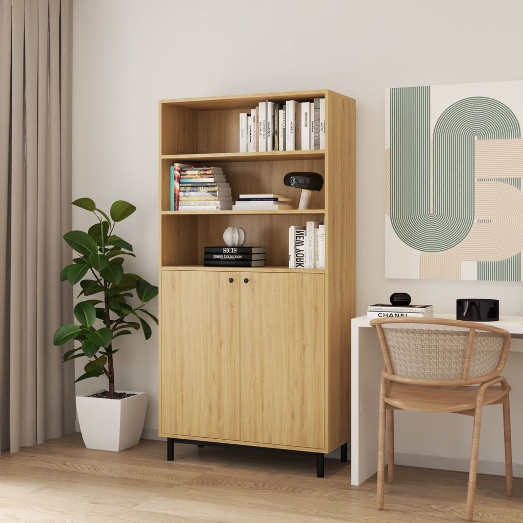 HAPPY FURNITURE , Kệ sách 6 tầng 2 cửa mở chân sắt - CATY , KSA_016 , 90cm x 40cm x 180cm