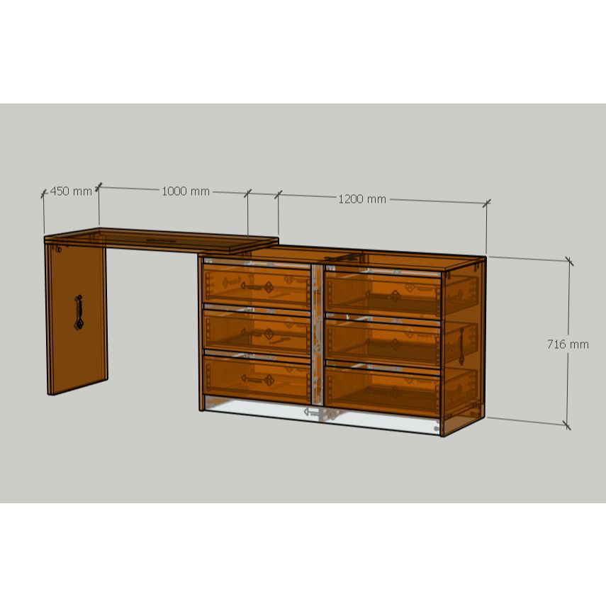 HAPPY FURNITURE , Tủ lưu trữ 6 ngăn kéo kết hợp bàn - ELIS , BAN_173 , 204cm x 45cm x 72cm DxRxC