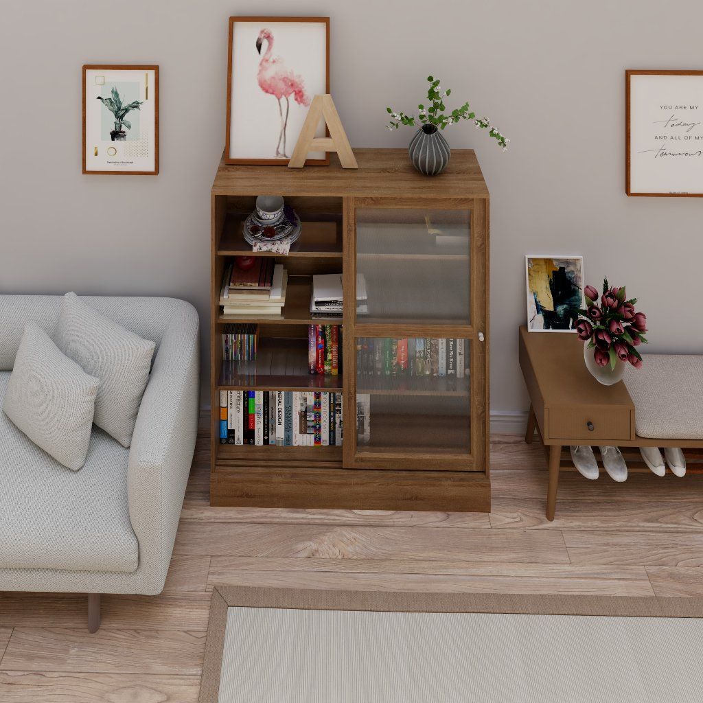 HAPPY FURNITURE , Tủ đựng đồ cửa kính 2 cánh lùa - SCANDINA , TCL_025 , 120cm x 35cm x 136cm